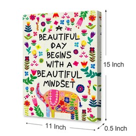 A Beautiful Day Begins with A Beautiful Mindset Canvas Framed Art, Colorful Flowers Elephants Motivational Mindset Canvas Framed Print for Teens Girls Home Bedroom Dorm Office Wall Decor 12" x 15"
