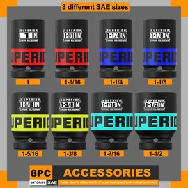 Aiourx 8 Piece 3/4" Drive Impact Socket Set, 1" to 1-1/2" Deep Socket, SAE Axle Nut Socket, 6-Point, Heavy Duty CR-MO, Large Automotive Repairs, Agricultural implement