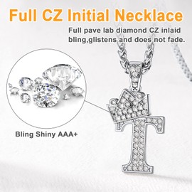 U7 A-Z Alphabet Letter Pendant Men Women Stainless Steel Chain Bling Diamond Iced Out Crown Initial T Necklace 22-24 Inch