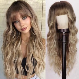 N NAYASA 26''Brown Wig With Bangs Long Wavy Curly Ombre Wig with Dark Root Synthetic Heat Resistant Wigs for Women Daily Party Use - Color: White