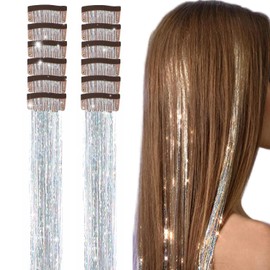 Nineibei Hair Tinsel Pack of 12 Pcs Hair Tinsel Clip in 24 Inch Glitter Tinsel Hair Extensions Clip in Hair Tinsel Heat Resistant Sparkle Fairy Hair Accessories for Girls Women Kids (Silver)