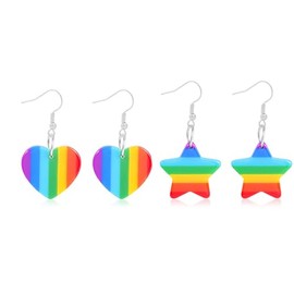 Rainbow Heart and Star Beaded Drop Earrings for Women - Colorful Acrylic Resin Heart Charm Dangle Earrings with Star Pendants, Lightweight Y2K Style Cute Jewelry for Festival Party (A19) (color 01)