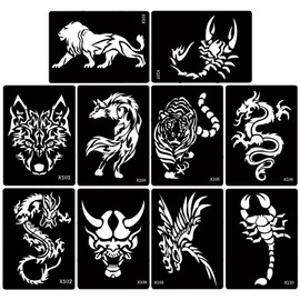 Kotbs 5 Sheets Henna Tattoo Stencil Kit Animals Pattern, 10pcs Large Tiger Dragon Wolf Eagle Scorpion Temporary Glitter Airbrush Tattoo Stencils Tattoo Stickers for Body Arm Leg Paint Body Art