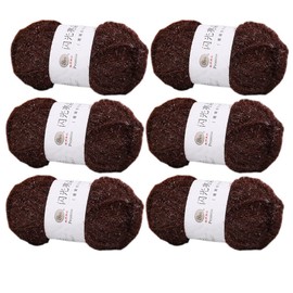 6 Skeins Shiny Dishcloths Yarn, 100% Polyester Glass Silk Pastel Scrubby Yarn for Crocheting Weaving Handmade Craft Total 300g (Brown)