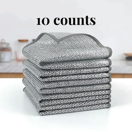 10 Counts Dishwashing Rags, Double Side Multipurpose Non-Scratch Wire Dishcloths for Wet and Dry Use, Reusable Wire Cleaning Cloths for Kitchen, Sinks, and Pans Silver Removable, Washable & More - Specification: 10*2