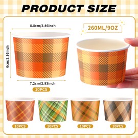 Maxdot 100 Pcs Fall Snack Cups 9oz Checkered Disposable Ice Cream Cups Autumn Decorative Paper Dessert Bowls Thanksgiving Party Supplies for Yogurt, Cupcakes, Soup Hot or Cold Food, 5 Styles