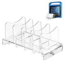 CaSZLUTION Acrylic Multi Device Organizer Stand Base for Portable Charger Power Banks, 4 Slots Desktop Storage Holder Compatible with USB Battery Pack, Phones and Tablets (Stand Only) - Clear