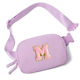Fanny Pack Two-Way Zipper Belt Bag Crossbody with Initial Letter for Teenager Girls Mini Cross Body Purse Travel Accessories Trendy Preppy Cute Stuff Birthday Gifts Idea (Lavender-M)