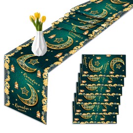 LJ 6 Pcs Plastic Green Eid Table Runners 14" x 108" Green Eid Party Decoration Green Ramadan Theme Birthday Party Supplies Disposable Table Runner for Green Ramadan Table Decor