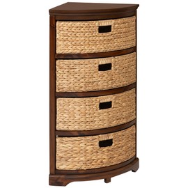 eHemco Hampton Meadows 4 Tier X-Side Corner Table Storage Cabinet with 4 Wicker Baskets, Walnut