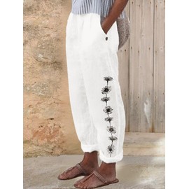 LOVESHOOT Women Linen Pants Summer 2025 Drawstring Elastic Waist Daisy Embroidery Comfy Gauze Slacks Lightweight Casual Loose Trousers with Pockets White Floral Embroidery Size L