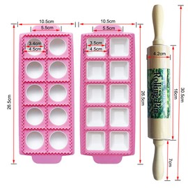 Gladworts Raviolamp Mould Dumpling Pastry Maker Mold for Large Round + Square Ravioli, Plastic, Wooden Rolling Pin