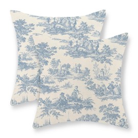 French Country Pillow Covers 18x18 Set of 2 Vintage Baby Blue Toile Throw Pillows Outdoor French Country Decorative Pillowcase Rustic Cottage Farmhouse Cushion Case for Couch Living Room Decor