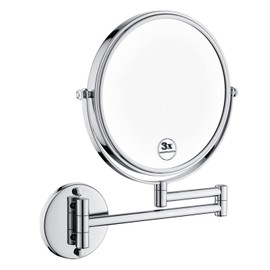 JINS&VICO 8 Inch LED Wall Mount Two-Sided Magnifying Makeup Vanity Mirror, 12 Inch Extension Gold Finish, 1X/3X Magnification Plug, 360 Degree Rotation Waterproof Button Shaving Mirror, Chrome