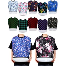 Janmercy 12 Pcs Adult Bibs for Eating Washable Bibs Waterproof Clothing Protector with Optional Crumb Catcher, Reusable Food Bib with Adjustable Snap Closure for Elderly Women Men Disabled, 12 Styles