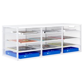 PAG-Mass Mail Sorter Adjustable Countertop Mail Holder, Heavy Duty Literature Organizer, Student Mailbox for Classroom, Desktop Bill Paper Organizer for Office Home School, 12 Compartments, White