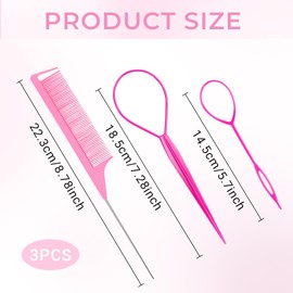 Wosyoodo Topsy Tail Hair Tool, Pink Hair Loop Pull Through Tool, French Braid Loop Tool with Rat Tail Comb, Hair Braiding Tool for Making Women and Girls Hair Style