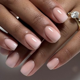 Hkanlre Medium Nude Press on Nails Cute Fake Nails Tips Full Cover Square False Nails Gradient for Women 24PCS