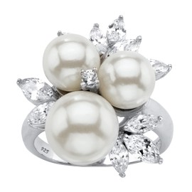 PalmBeach Jewelry Yellow Gold-Plated or Platinum-Plated Sterling Silver Round Bead Simulated Pearl and Cubic Zirconia Ring, pearl, Cubic Zirconia