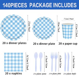 140Pcs Gingham Party Supplies for 20 Guests Thick Paper Plates and Napkins Knives Spoons Forks Cups Disposable Party Set Cutlery for Dinner Baby Shower Wedding Favor(Blue)
