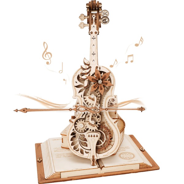 ROBOTIME 3D Puzzle Magic Cello Wooden Music Box Model Kits for Adults to Build, Gear Model Building Construction Craft Kits, Best Gift