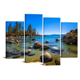 iKNOW FOTO Lake Tahoe Sand Harbor Beach Canvas Wall Art - 4-Panel Mountain and Lake Photography - Sierra Nevada Landscape Nature Decor - Ready to Hang 48"x32" Wall Art for Nature Lovers