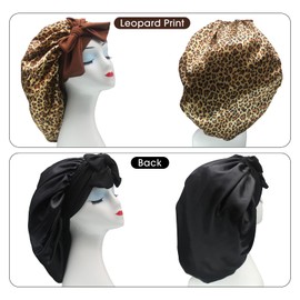 Hanbertti 2 Pack Silk Satin Hair Bonnet Sleeping Hat With Stretch Tie Band Bonnets Silk Bonnet Satin Bonnet Adjustable Bonnet for Curly Hair Sleeping Adult Women Girls（Black+Leopard Print）