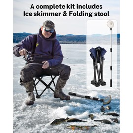 Gonex Ice Fishing Rod Reel Combo 28" Medium Light Carbon Fiber Fiberglass Portable Complete Kit Include Skimmer Spare Rod Spinning Ice Fishing Reel Ice Jig Folding Stool for Winter Fishing