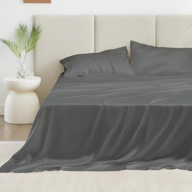 Luxury Silk Satin King Bed Sheet Set – Ultra Soft & Silky 4-Piece Deep Pocket Sheets – Elegant Bedding with 1 Fitted Sheet, 1 Flat Sheet & 2 Pillowcases – Dark Grey