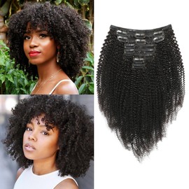 Kinky Curly Clip-In Real Hair Extensions, 8 Pieces, 120 g, Invisible Real Hair Wig Extensions, Clip-In Natural Black Clip Ins for Black Women, 10 Inches, 18 Clips
