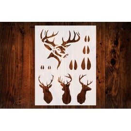 Hunting Buck Head and Tracks Deer Stencil, 8.5 x 11 Inch Reusable Plastic Template for Wildlife Painting Crafts and Rustic Decor