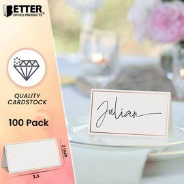 Better Office Products 100 Pack Gold Metallic Border Place Cards, 2 x 3.5 in, Folded Table Tent Cards for Weddings, Dinner Parties, Buffet Banquets, (White)