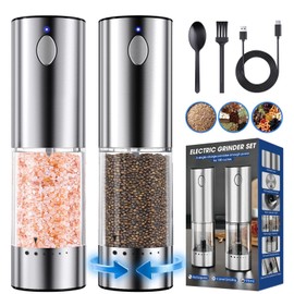 HomeHacks 2 Pack Upgraded 95ml Rechargeable Electric Salt and Pepper Grinder Set, 6 Adjustable Coarseness, High-Grade Stainless Steel, Type-C Charging, LED Light, Silver