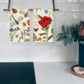 TAJWE Spring Kitchen Towels 18x26 Inch Set of 4 Vintage Wildflower Plant Insect Dish Cloths Farmhouse Summer Holiday Hand Rags for Home Decoration