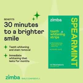 Zimba Zimba Spearmint Flavored Teeth Whitening Strips | Vegan, Enamel Safe Hydrogen Peroxide Teeth Whitener for Coffee, Wine, Tobacco, and Other Stains | 14 Day Treatment | Spearmint