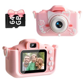 Kids Camera, Kids Camera, Toy Camera, 1080P HD Video Camera, 64 GB Memory Card Included, USB Charging, 2.0 Inches, IPS Screen, 8x Zoom, Children's Camera, Protective Case, Dual Lens, Easy Operation,