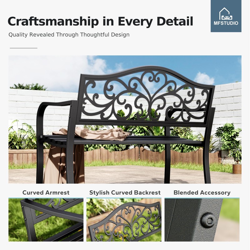 MFSTUDIO 43.7 Inches Outdoor Garden Bench, Cast Iron Metal Frame