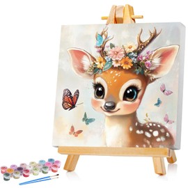 Deer Painting by Numbers Children with Frame Deer Paint by Numbers for Child Cute Animal Oil Painting Children from 5 6 7 8 9 Years for Home Decoration 20 x 20 cm (with Wooden Frame)