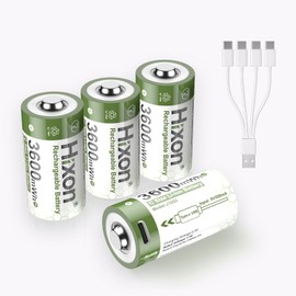 Hixon 1.5V USB Rechargeable Lithium Batteries C Size, 3600mWh Rechargeable C Battery, Charges 2 Hours, Over 1500 Cycles, 4-in-1 USB-A to USB-C Charging Cable, LED Charge Indicator, 4-Pack