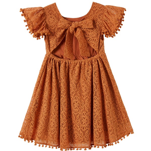 Niyage Tie-Back Toddler Dress Girls Lace Bow Backless Pom Pom