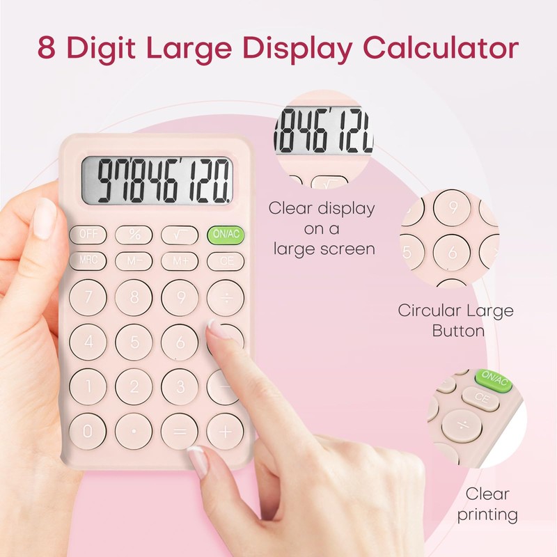 TuviKai Cute Pink 8-Digit LCD Calculator, Basic Four Function for