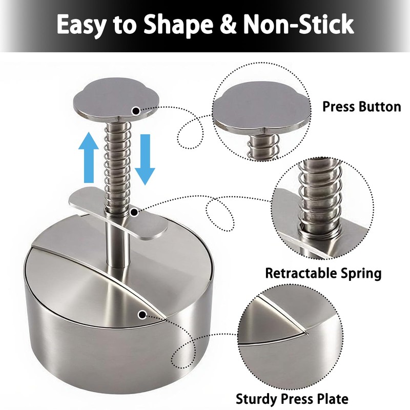 304 Stainless Steel Burger Press, Heavy Duty Adjustable Hamburger Meat