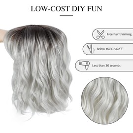 Yamel Wavy Bob Wig with Bangs Natural Ombre Silver Wig Synthetic Hair Shoulder Length Short Curly Wigs for Women