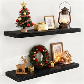 Fun Memories 36 Inch Floating Shelves Black, 9.3 Deep Floating Shelf for Wall, Rustic Black Wall Shelves 36x9.3x1.5 - Set of 2, Large Deep Shelf for Kitchen, Living Room Storage