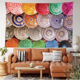 ABAKUHAUS Moroccan Tapestry, Traditional Arabic Handcrafted Colorful Plates Shot at the Market in Marrakesh, Fabric Wall Hanging Decor for Bedroom Living Room Dorm, 90 W X 54 L, Multicolor