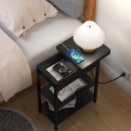 Yusong Narrow End Table with Charging Station, Slim Couch Side Table with USB Port & Outlet, Flip-top Nightstand Bedside Table with 3 Shelves for Small Space in Living Room Bedroom,Black