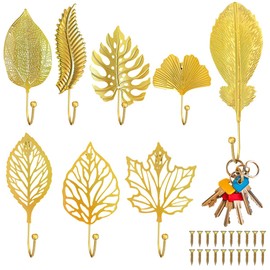 XingyLi Pack of 8 Leaf Coat Hooks Gold, Leaf Shape Coat Hooks Wall Hooks with 20 Screws, Metal Decorative Hanging Wall Hooks, Wardrobe Towel Hooks Key Holder for Kitchen Bathroom Decor