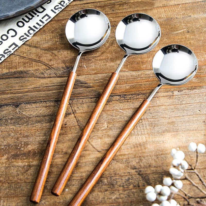 Ouliget Retro Wooden Handle Spoon,Stainless Steel Serving Tablespoons,Wooden DinnerSpoon,Silver Silverware