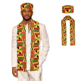 2PCS African Kente Scarf Dashiki Cloth Print Stole Sash and Kufi Hat Sets Perfect for Black History Celebrations Kwanzaa Graduation Sash Stole African Turban Clothes for Men Women