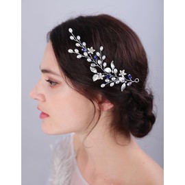 Teyglen Silver Leaf Wedding Hair Vine Flower Bridal Pearl Crystal Headband Hair Vine Blue Crystal Pearl Hair Piece Hair Accessories for Women